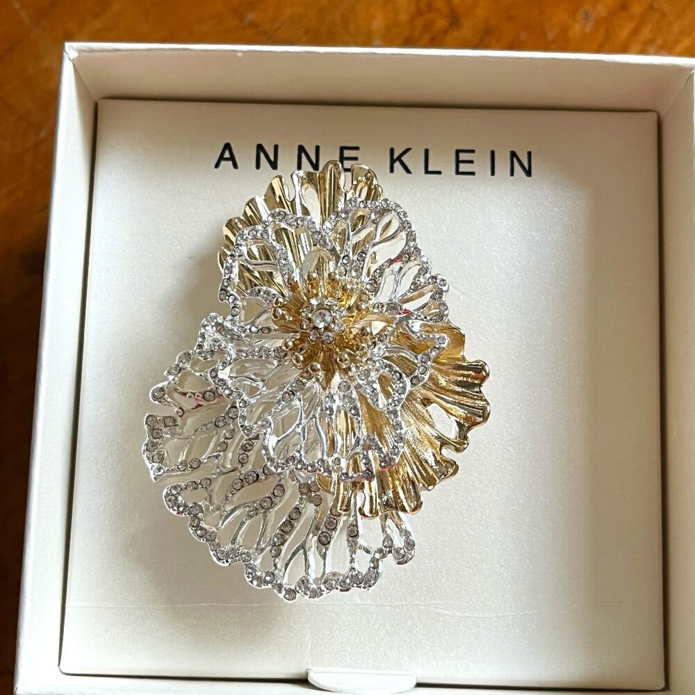 Anne Klein Two-Tone Pavé Crystal Openwork Flower Pin NEW